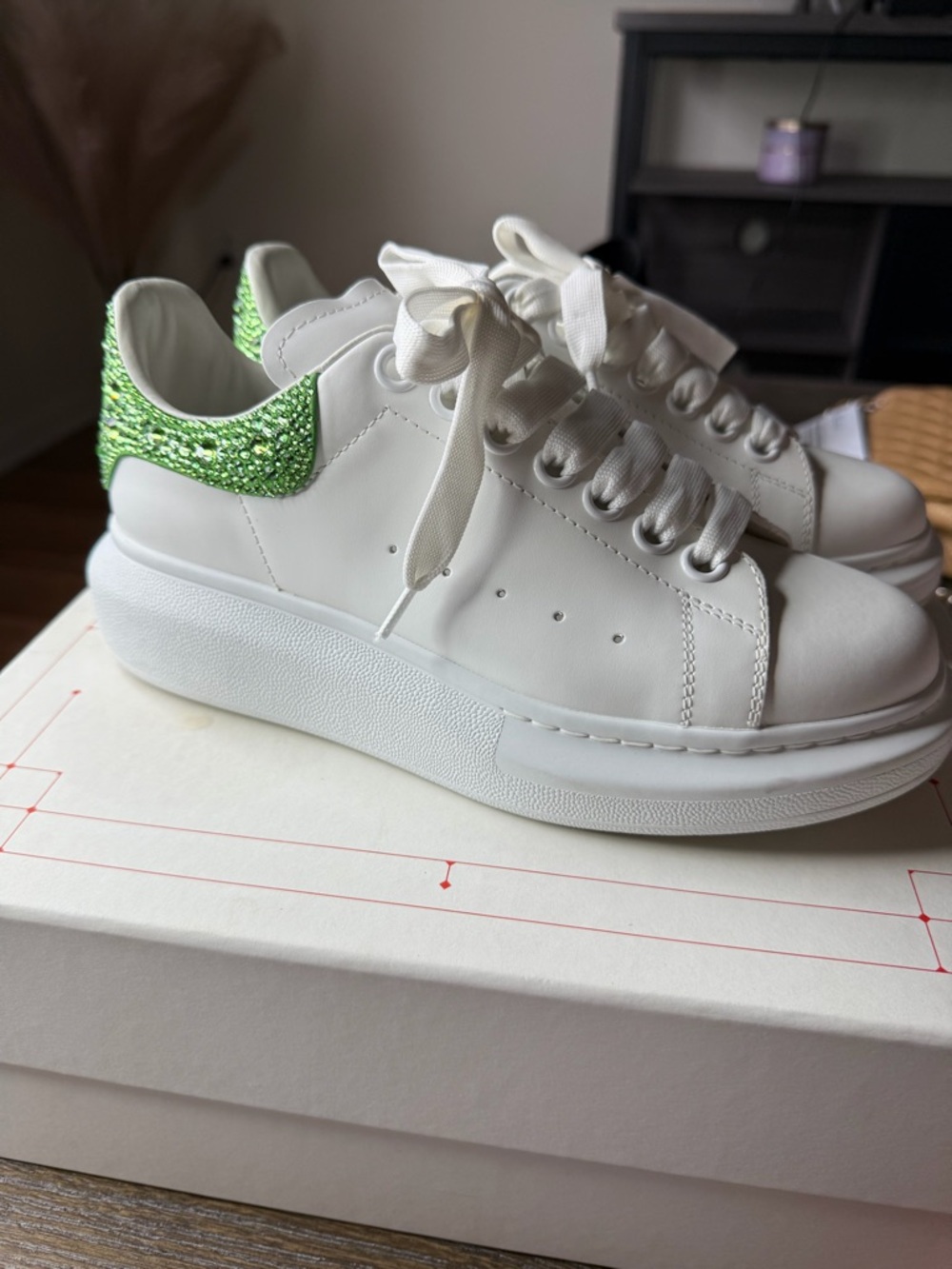 Alexander McQueen White Platform Sneakers with Green Crystal Heel 37EU